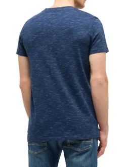 T-shirt en coton bleu à motifs mouchetés avec une coupe droite et un col rond