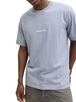 T-shirt en coton bleu pourvu d'un col rond et de manches courtes