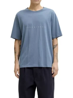 T-shirt en coton bleu pourvu d'une coupe droite et d'un col rond