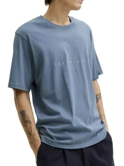 T-shirt en coton bleu pourvu d'une coupe droite et d'un col rond