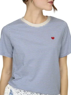 T-shirt en coton bleu à rayures avec une coupe droite et un col rond