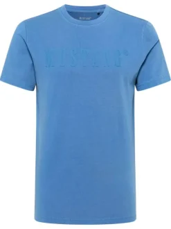 T-shirt en coton bleu uni avec le nom de la marque à la poitrine et à col rond