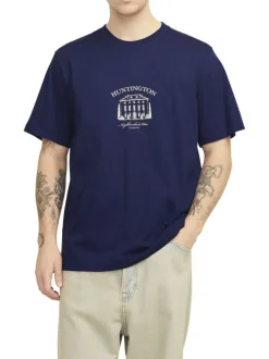 T-shirt en coton bleu uni avec un col rond et une coupe droite