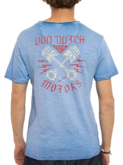 T-shirt en coton bleu uni avec une coupe ajustée et un col V effet flammé