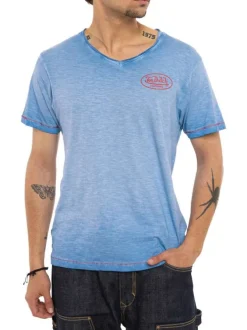T-shirt en coton bleu uni avec une coupe ajustée et un col V effet flammé