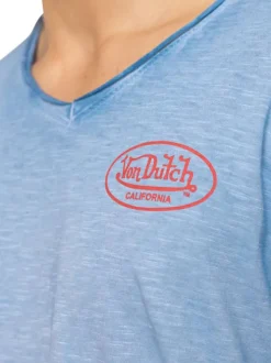 T-shirt en coton bleu uni avec une coupe ajustée et un col V effet flammé