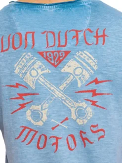 T-shirt en coton bleu uni avec une coupe ajustée et un col V effet flammé