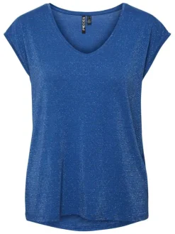 T-shirt en coton bleu uni avec une coupe droite, un col v et des fils métallisés