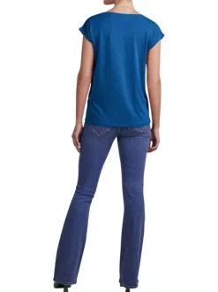 T-shirt en coton bleu uni avec une coupe droite, un col v et des fils métallisés