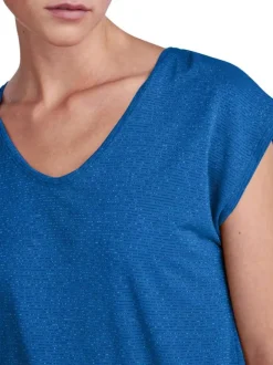 T-shirt en coton bleu uni avec une coupe droite, un col v et des fils métallisés