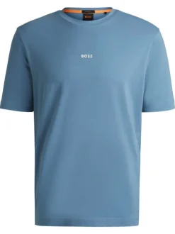 T-shirt en coton bleu uni à col rond avec le nom de la marque imprimé en petit