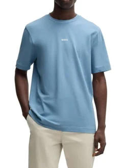 T-shirt en coton bleu uni à col rond avec le nom de la marque imprimé en petit