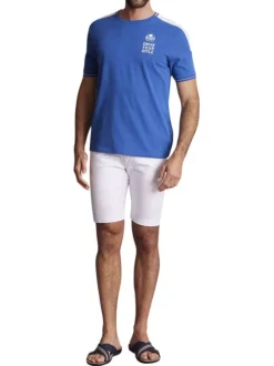 T-shirt en coton bleu uni à col rond avec un numéro imprimé au dos