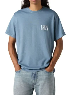 T-shirt en coton bleu uni à coupe oversize avec le nom de la marque imprimé