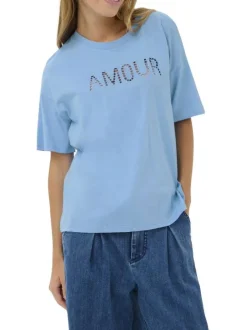 T-shirt en coton bleu uni pourvu d'une coupe droite et d'un col rond
