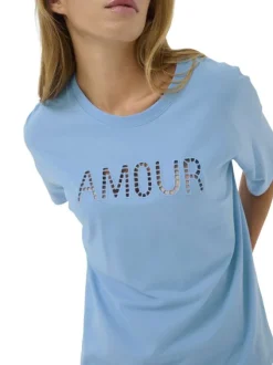 T-shirt en coton bleu uni pourvu d'une coupe droite et d'un col rond