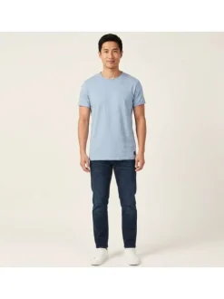 T-shirt en coton bleu uni pourvu d'une coupe droite et d'un col rond