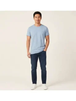 T-shirt en coton bleu uni pourvu d'une coupe droite et d'un col rond
