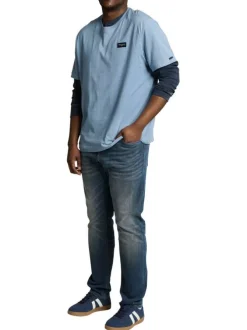 T-shirt en coton bleu uni pourvu d'une coupe droite et d'un col rond