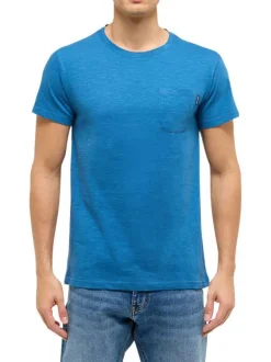 T-shirt en coton bleu uni pourvu d'une poche plaquée sur le coeur