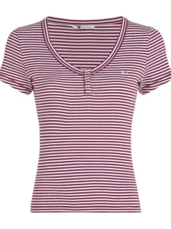 T-shirt en coton bordeaux côtelé à rayures et à coupe près du corps