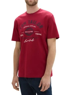T-shirt en coton bordeaux imprimé avec une coupe droite et un col rond