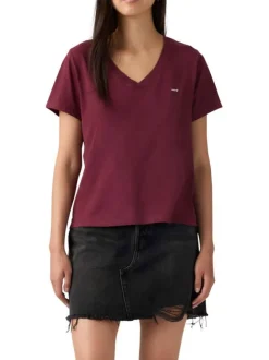 T-shirt en coton bordeaux uni à coupe ajustée pourvu d'un col v