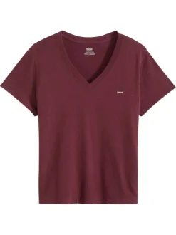 T-shirt en coton bordeaux uni à coupe ajustée pourvu d'un col v