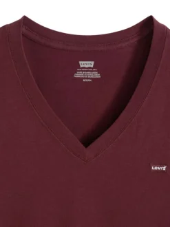 T-shirt en coton bordeaux uni à coupe ajustée pourvu d'un col v