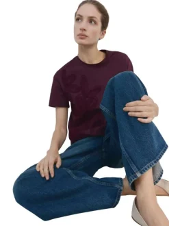 T-shirt en coton bordeaux uni pourvu de manches courtes et d'un col rond