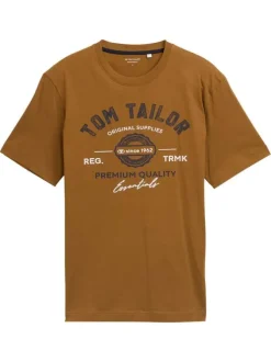 T-shirt en coton camel avec un imprimé fantaisie et un col rond
