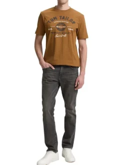 T-shirt en coton camel avec un imprimé fantaisie et un col rond