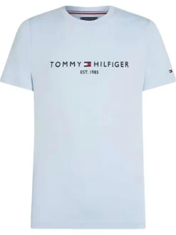 T-shirt en coton ciel à coupe droite pourvu d'un col rond finement côtelé