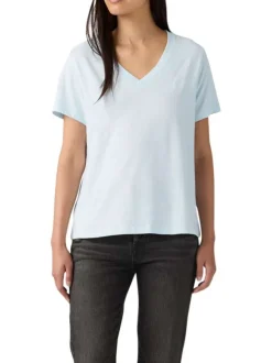 T-shirt en coton ciel uni à coupe ajustée pourvu d'un col v côtelé
