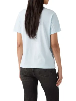 T-shirt en coton ciel uni à coupe ajustée pourvu d'un col v côtelé