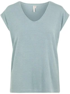 T-shirt en coton ciel uni droit avec un col v arrondi et en lurex doré