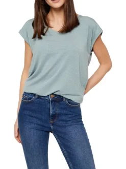 T-shirt en coton ciel uni droit avec un col v arrondi et en lurex doré