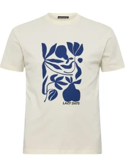 T-shirt en coton écru avec des graphismes imprimés à l'avant et un col rond