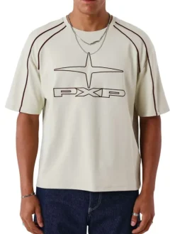 T-shirt en coton écru avec logo à coupe droite et à col rond