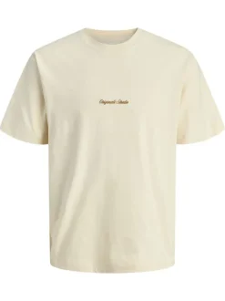 T-shirt en coton écru avec un logo orange brodé et une coupe droite