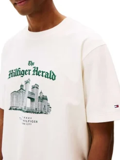 T-shirt en coton écru col rond orné d'un imprimé fantaisie
