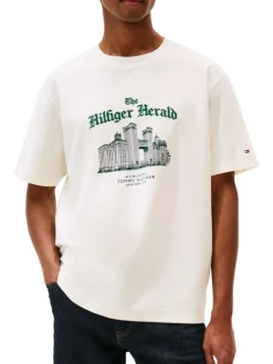 T-shirt en coton écru col rond orné d'un imprimé fantaisie