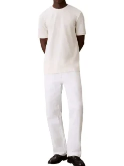 T-shirt en coton écru à coupe droite pourvu de finitions bord-côte