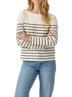 T-shirt en coton écru coupe droite pourvu d'un motif à rayures