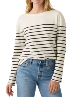 T-shirt en coton écru coupe droite pourvu d'un motif à rayures