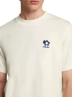 T-shirt en coton écru à coupe regular fit avec col rond et logo bleu marine