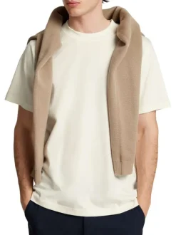 T-shirt en coton écru à coupe regular fit avec col rond et logo bleu marine
