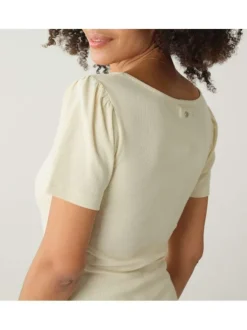 T-shirt en coton écru côtelé avec une coupe droite et un col carré