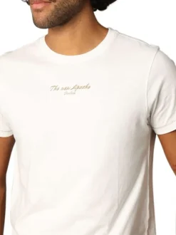 T-shirt en coton écru imprimé avec un col rond et une coupe droite