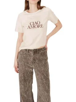 T-shirt en coton écru imprimé avec une coupe droite et un col rond